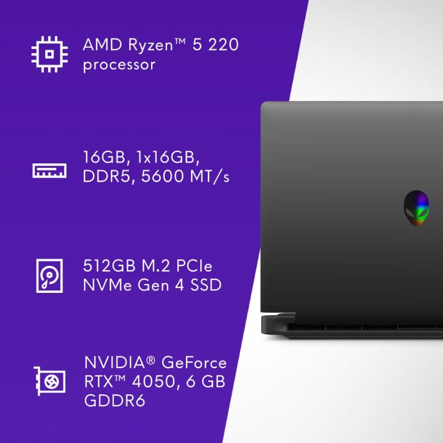 Alienware 15.3" WUXGA 165Hz Gaming Laptop, AMD Ryzen 5 220, NVIDIA GeForce RTX 4050 GDDR6, 16GB DDR5, 512GB SSD, Black, DA15265