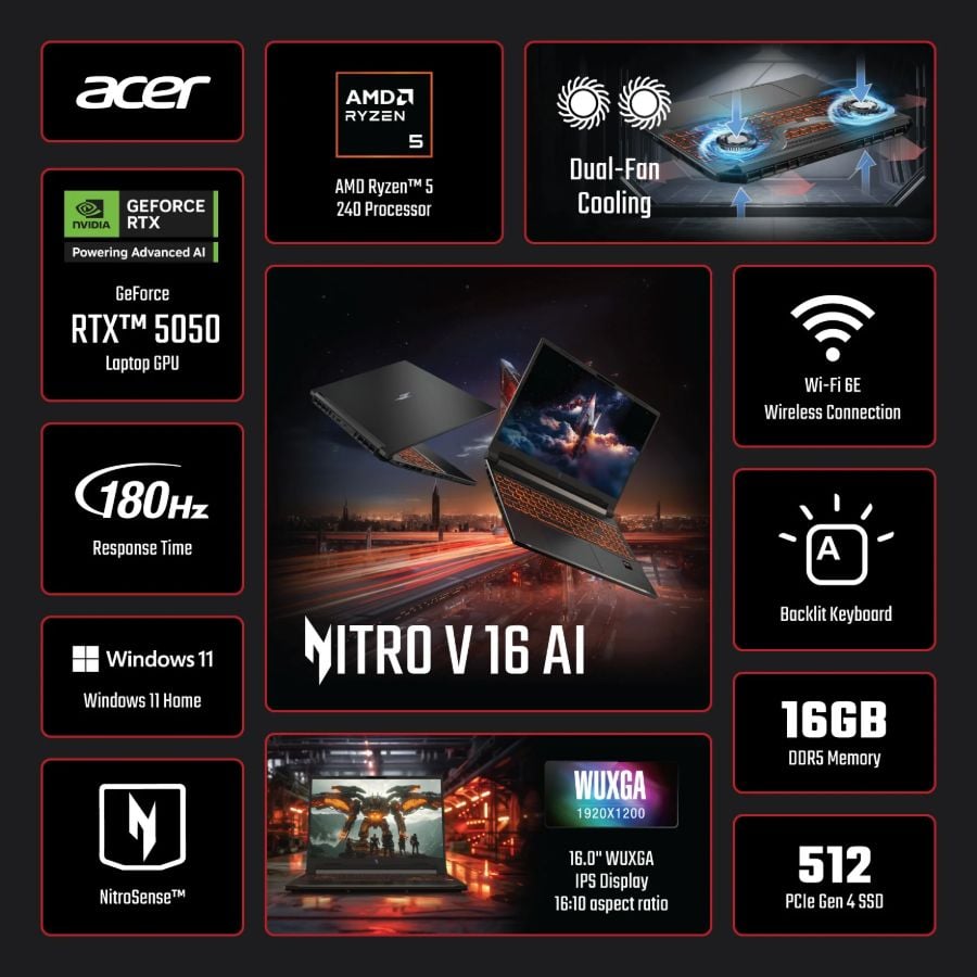 Acer Nitro V 16 1TB Almacenamiento NVIDIA® GeForce RTX™ 5050 8GB IPS 180Hz AMD Ryzen 5 240 Processor, GDDR7 VRAM, 16GB RAM, 1TB SSD, Obsidian Black