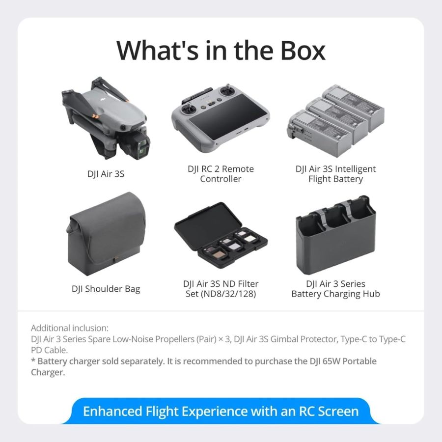 (A) DJI Air 3S Fly More Combo (control remoto RC de 2 pantallas), dron con cámara CMOS de 1" gran angular y teleobjetivo medio para adultos, 4K/60 fps, detección omnidireccional y 3 baterías para un vuelo más prolongado.