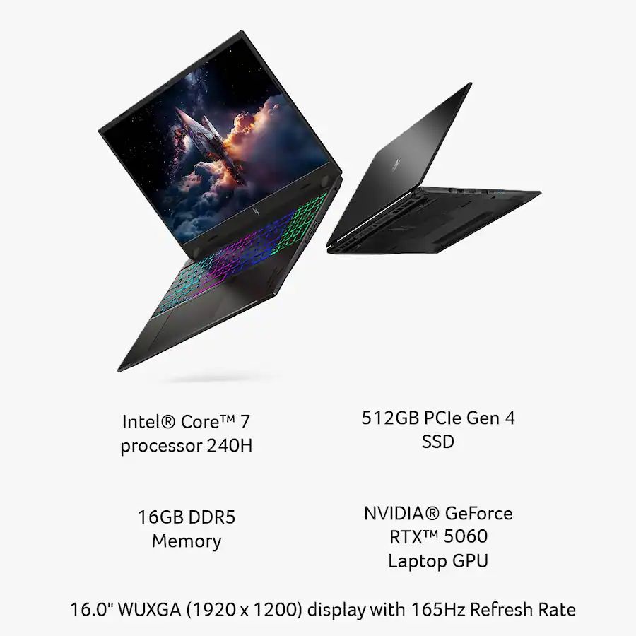 Acer Nitro V16 16" WUXGA 165Hz Gaming Laptop - Intel Core 7 240H 2024 - NVIDIA GeForce RTX 5060 – 16GB Memory – 512GB Storage - Obsidian Black