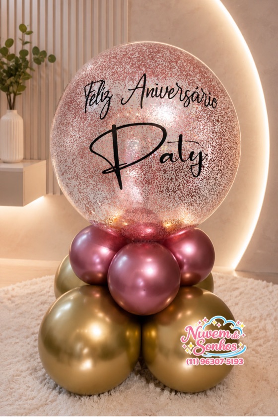 Balão personalizado com confetes- Dourado com rosa
