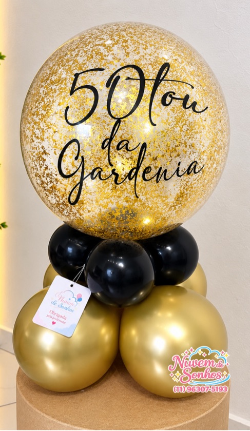 Balão personalizado com confetes - Preto e dourado
