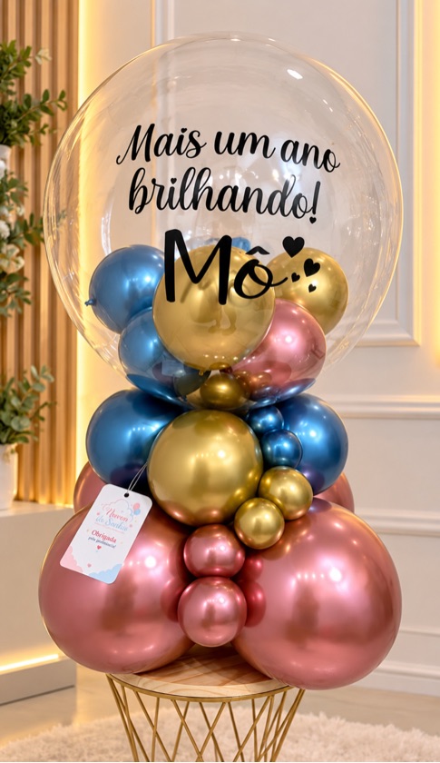 Balão personalizado rosa, azul e dourado