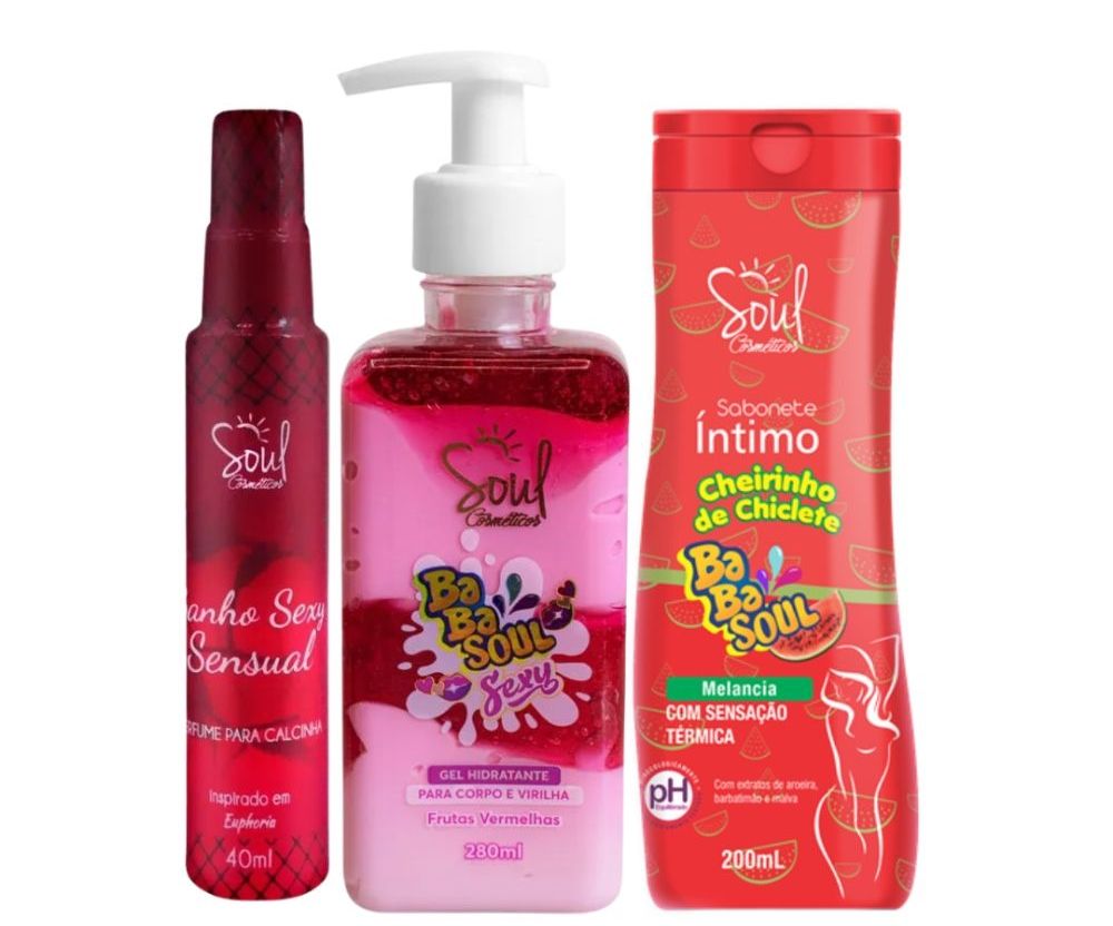 Kit Perfume de Calcinha Sensual + Creme para Virilha Gel Babasoul + Sabonete Íntimo Melancia Soul