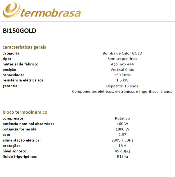 Bomba de Calor Termobrasa GOLD 150L Inox