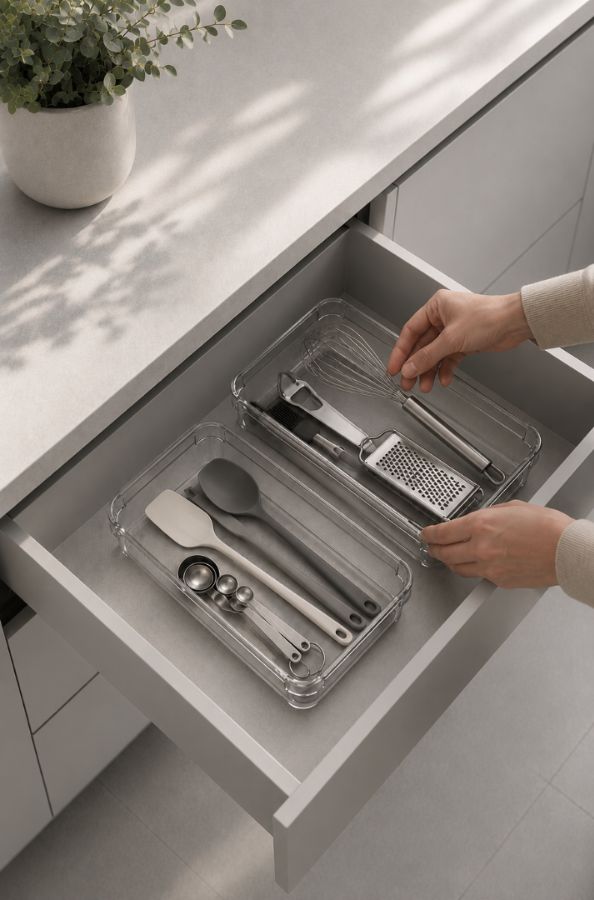 Organizador de Cajón para Utensilios de Cocina, incluye protector de silicona gris. 16 cm ancho x 24 cm de profundidad x 5 cm alto