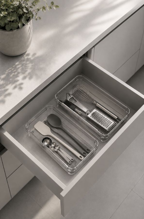 Organizador de Cajón para Utensilios de Cocina, incluye protector de silicona gris. 16 cm ancho x 24 cm de profundidad x 5 cm alto