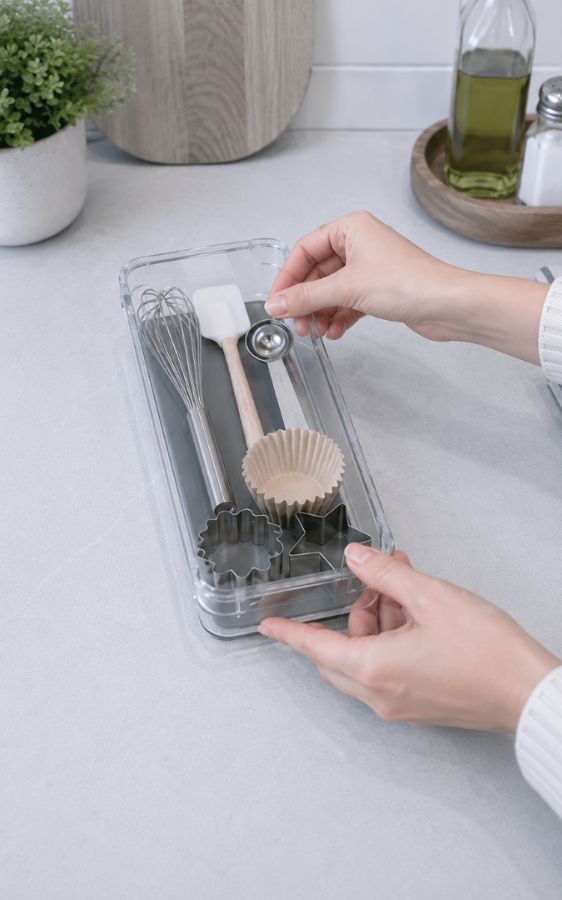 Organizador de Cajón para Utensilios de Cocina, incluye protector de silicona gris. 9.5 cm ancho x 23 cm de profundidad x 5 cm alto