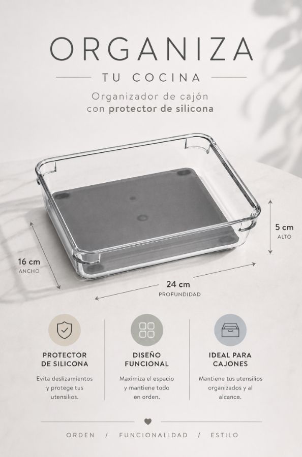 Organizador de Cajón para Utensilios de Cocina, incluye protector de silicona gris. 16 cm ancho x 24 cm de profundidad x 5 cm alto