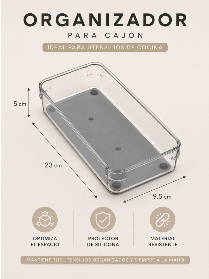 Organizador de Cajón para Utensilios de Cocina, incluye protector de silicona gris. 9.5 cm ancho x 23 cm de profundidad x 5 cm alto