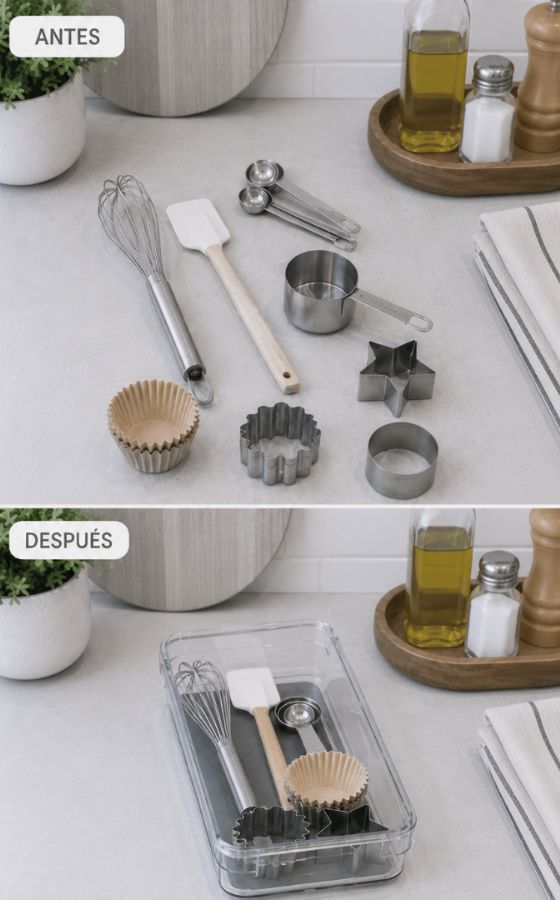 Organizador de Cajón para Utensilios de Cocina, incluye protector de silicona gris. 9.5 cm ancho x 23 cm de profundidad x 5 cm alto