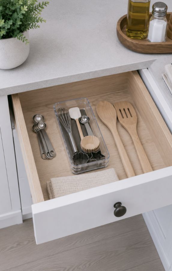 Organizador de Cajón para Utensilios de Cocina, incluye protector de silicona gris. 9.5 cm ancho x 23 cm de profundidad x 5 cm alto