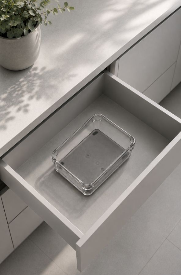 Organizador de Cajón para Utensilios de Cocina, incluye protector de silicona gris. 16 cm ancho x 24 cm de profundidad x 5 cm alto