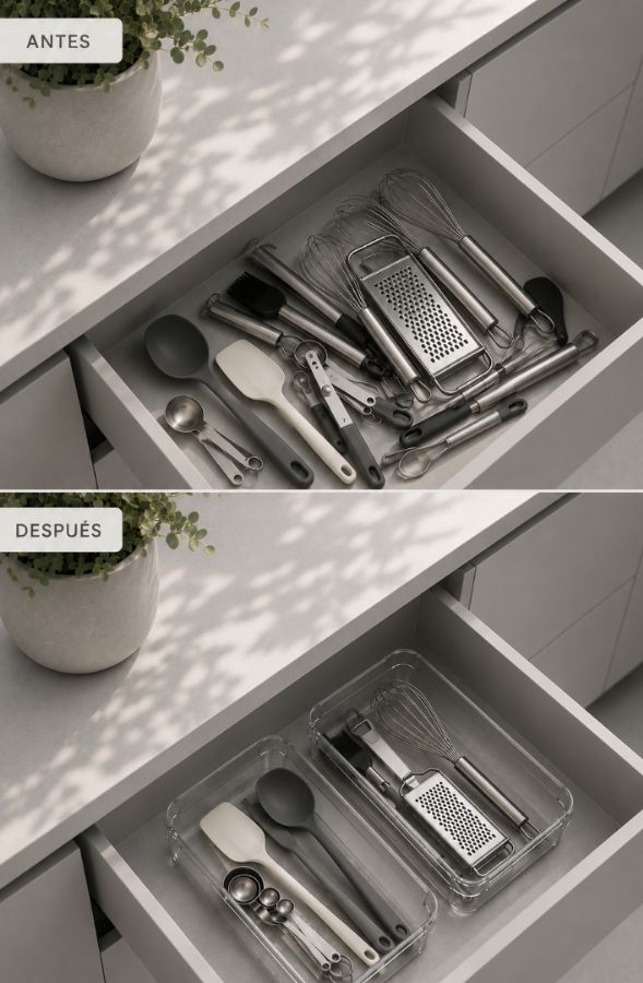 Organizador de Cajón para Utensilios de Cocina, incluye protector de silicona gris. 16 cm ancho x 24 cm de profundidad x 5 cm alto
