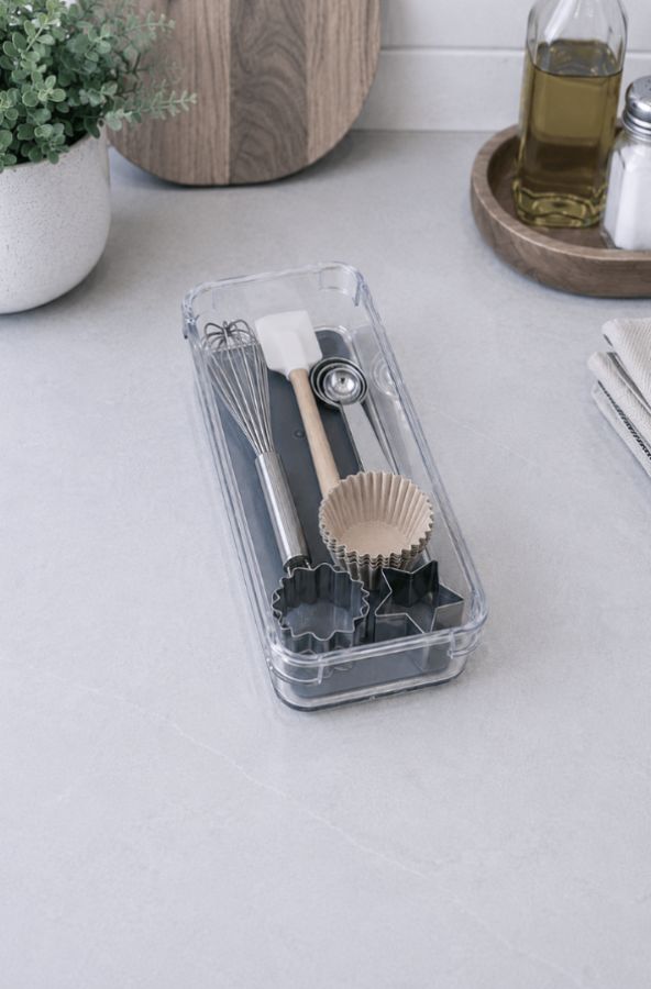 Organizador de Cajón para Utensilios de Cocina, incluye protector de silicona gris. 9.5 cm ancho x 23 cm de profundidad x 5 cm alto