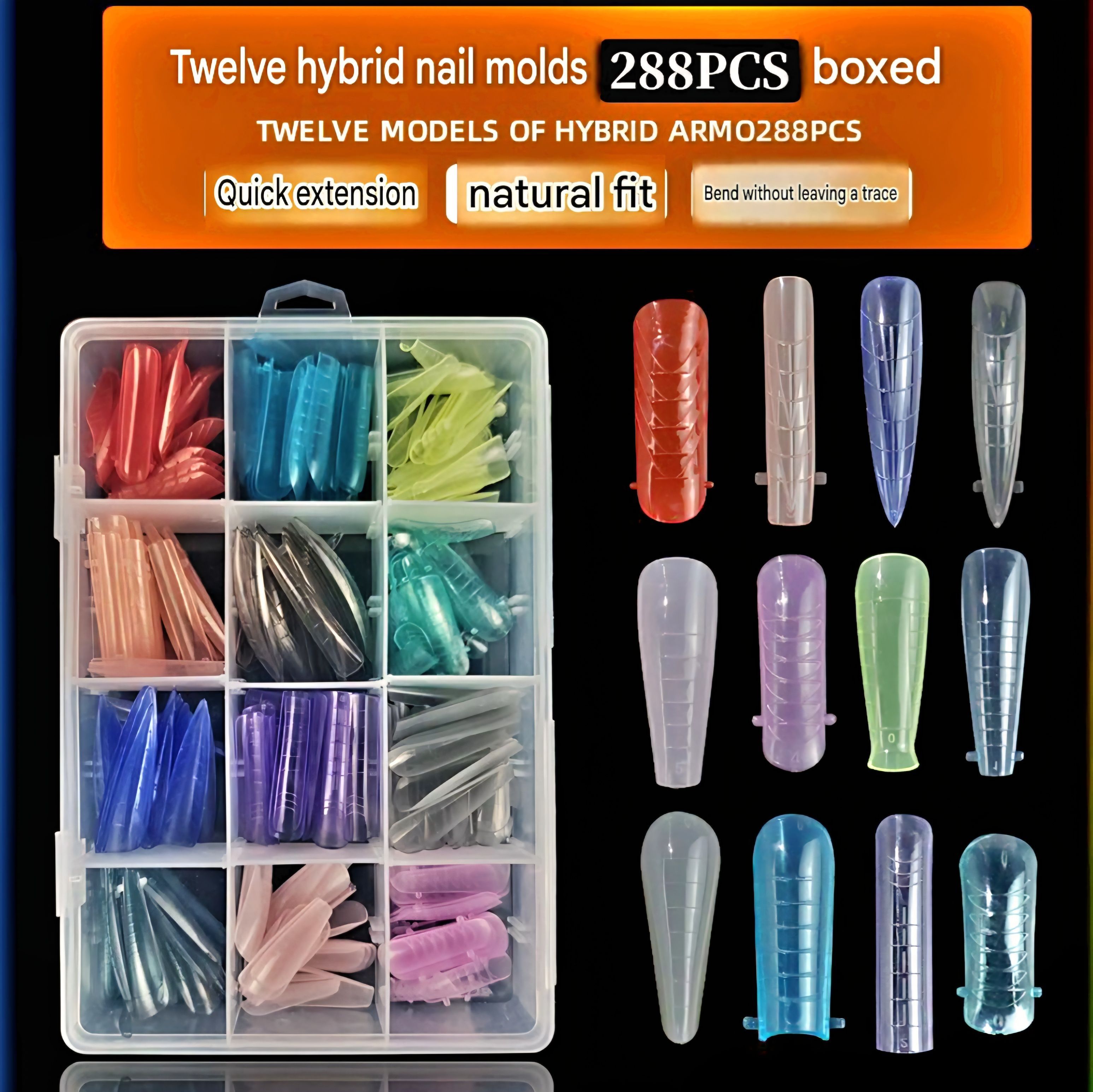 288Tips/Box Mixed Set of Reusable Coloured Pattern Poly Gel Mould Quick Nail Extension