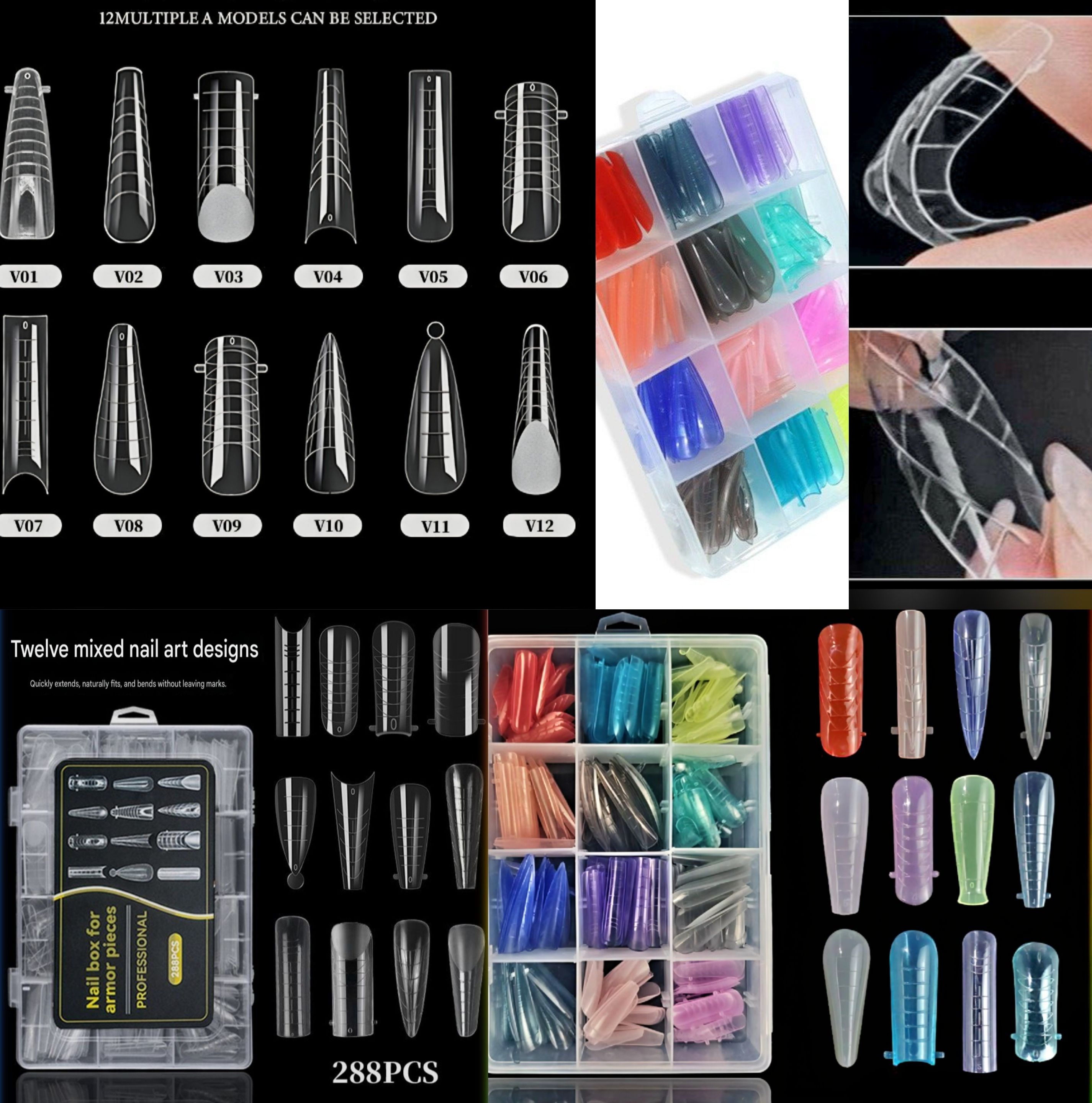 288Tips/Box Mixed Set of Reusable Coloured Pattern Poly Gel Mould Quick Nail Extension