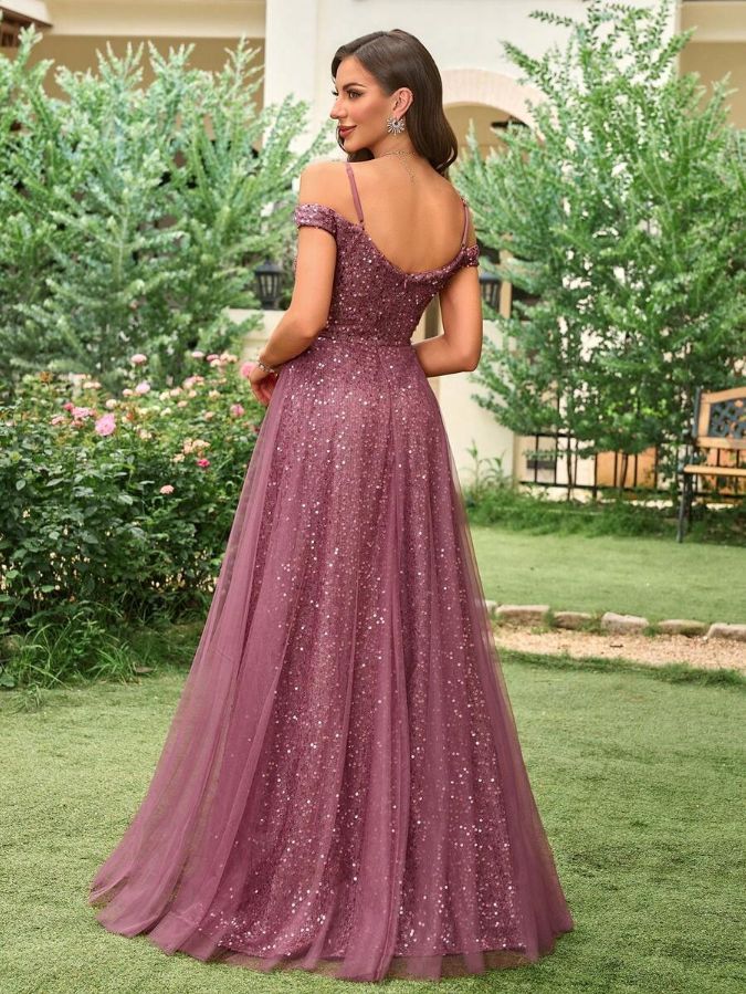 Cold Shoulder Sequin Bodice Mesh Overlay Women's Evening Dresses, Elegant Prom Gown,Formal Wedding Guest Gown, For Graduation, Dinner Dusty Pink / XL