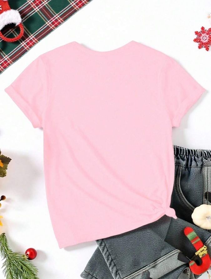 Christmas Women Casual Stylish Cartoon Cute Snowman Christmas Tree Print Christmas Tree Creative Slogan Graphic Short Sleeve T-Shirt Graphic Tees Women Tops Baby Pink / M