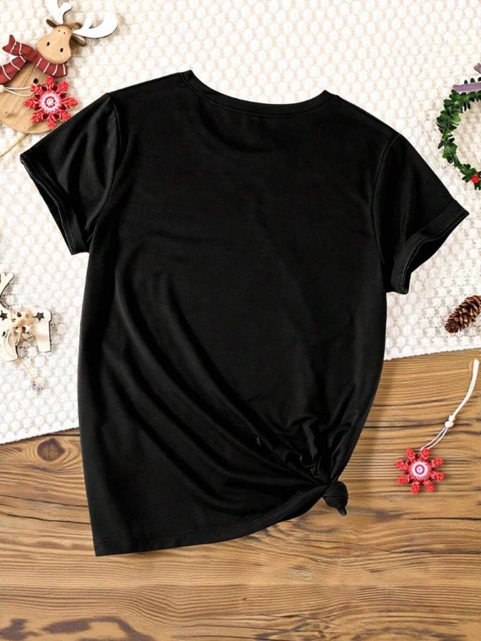 Merry Christmas Women's Fashion Cartoon Glitter Champagne Glass Santa Hat Slogan Christmas Atmosphere Pattern Merry Christmas Slogan Print Short Sleeve T-Shirt, Suitable For Christmas Party Going Out Top Black / S