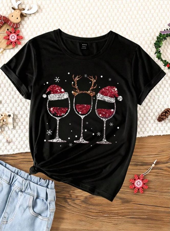 Merry Christmas Women's Fashion Cartoon Glitter Champagne Glass Santa Hat Slogan Christmas Atmosphere Pattern Merry Christmas Slogan Print Short Sleeve T-Shirt, Suitable For Christmas Party Going Out Top Black / S