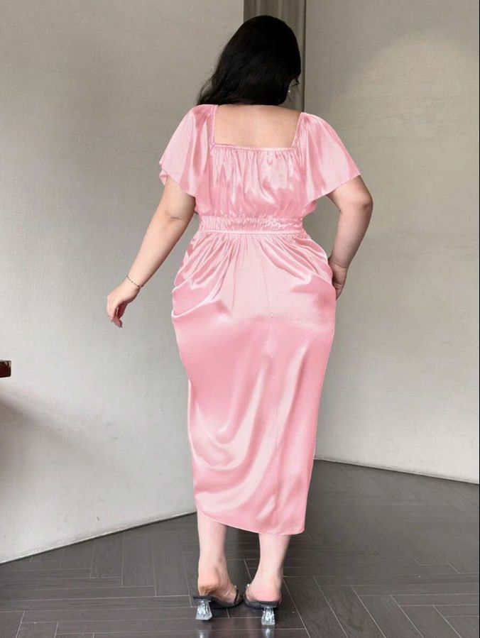 Vibekara Plus Size Women's Square Neck Ruffle Trim Satin Babydoll Mini Dress, Elegant Vintage Cute Party Holiday Romantic Midi Dress Pink / 1XL