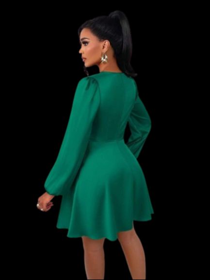 Amarilo Women's Autumn And Winter Elegant Solid Color V-Neck Slim Fit A-Line Puff Sleeve Satin Glossy Short Dress, Suitable For Parties And Daily Commuting Halloween Christmas Dark Green / L