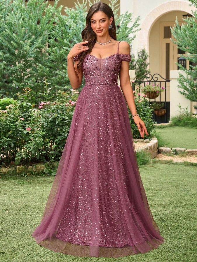 Cold Shoulder Sequin Bodice Mesh Overlay Women's Evening Dresses, Elegant Prom Gown,Formal Wedding Guest Gown, For Graduation, Dinner Dusty Pink / XL