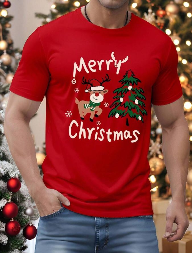 Manfinity Homme Christmas Cute Deer & Christmas Tree Print Casual Slim Fit Short Sleeve T-Shirt For Men Men Christmas T-Shirt Red / M