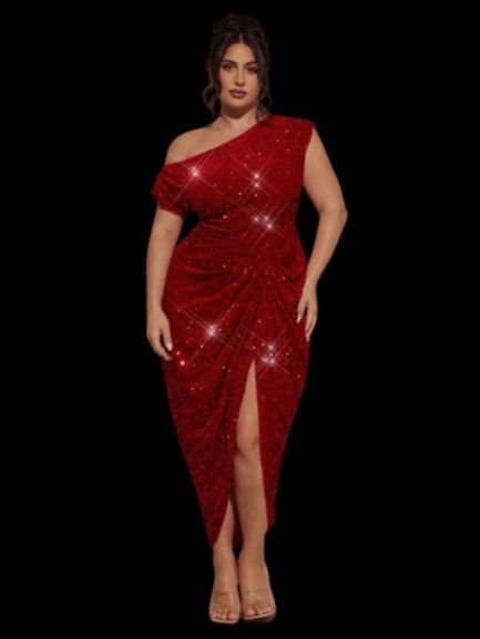BAE Plus Size Women's Elegant Ruched Draped Asymmetric Hem Slit Midi Dress, Suitable For Date, Party, Graduation, Birthday, Autumn/Winter Sequin Embellished Party Dress, Red Sequin Midi Dress,Winter Clothes For Women, Summer,Cozy Fall And Winter Clothes For Women,Halloween