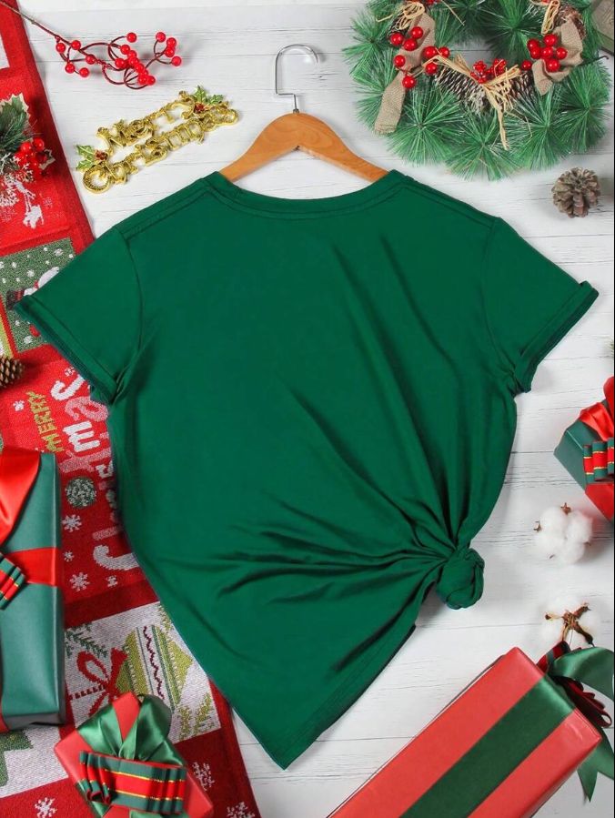 INAWLY Christmas Print Tee Graphic Tees Women Tops Dark Green / M