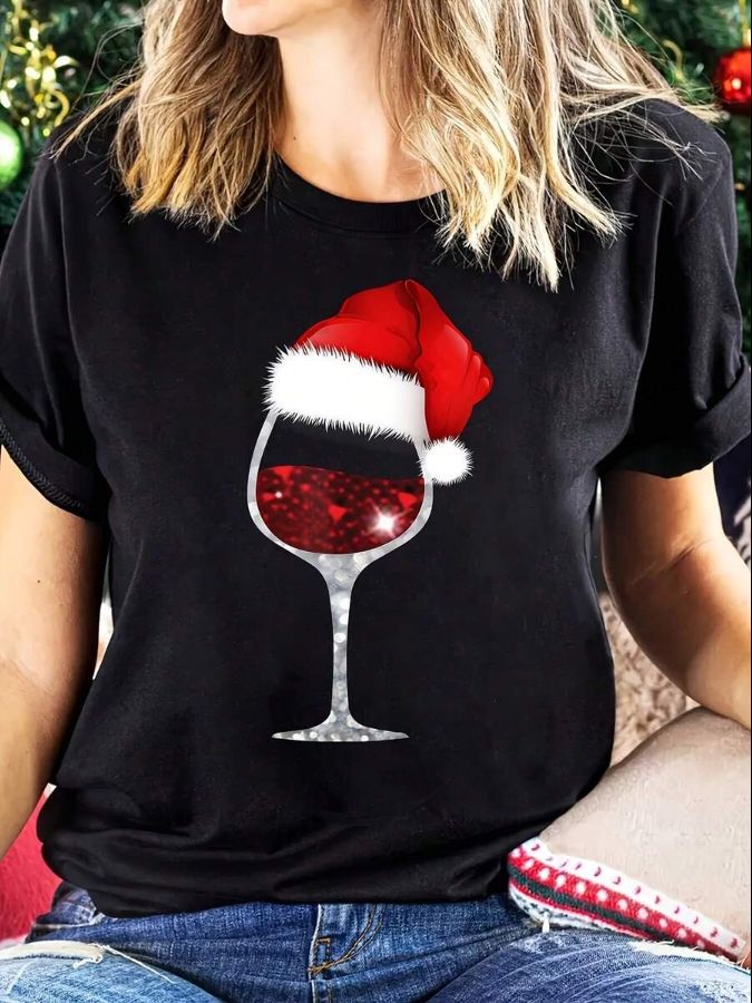 1pc Women'S Christmas Wine Glass Print T-Shirt - Casual Crew Neck Short Sleeve Top, Polyester Knit Fabric With Slight Stretch, Regular Length, Festive Holiday Apparel For All Seasons Black / M