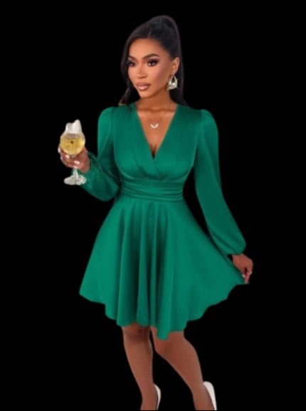 Amarilo Women's Autumn And Winter Elegant Solid Color V-Neck Slim Fit A-Line Puff Sleeve Satin Glossy Short Dress, Suitable For Parties And Daily Commuting Halloween Christmas Dark Green / L