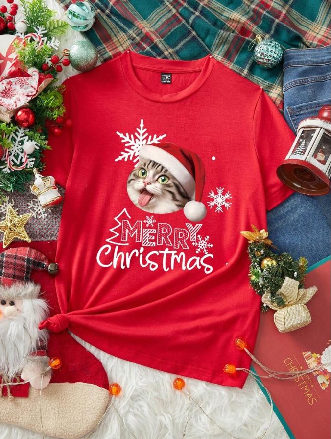 EZwear Casual Funny Kitty Cat Christmas Hat Print Loose Crew Neck Short Sleeve Women Thin T-Shirt Pullover, Suitable For Summer, Halloween Red / S