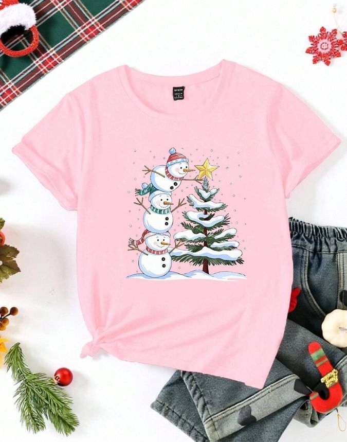Christmas Women Casual Stylish Cartoon Cute Snowman Christmas Tree Print Christmas Tree Creative Slogan Graphic Short Sleeve T-Shirt Graphic Tees Women Tops Baby Pink / M