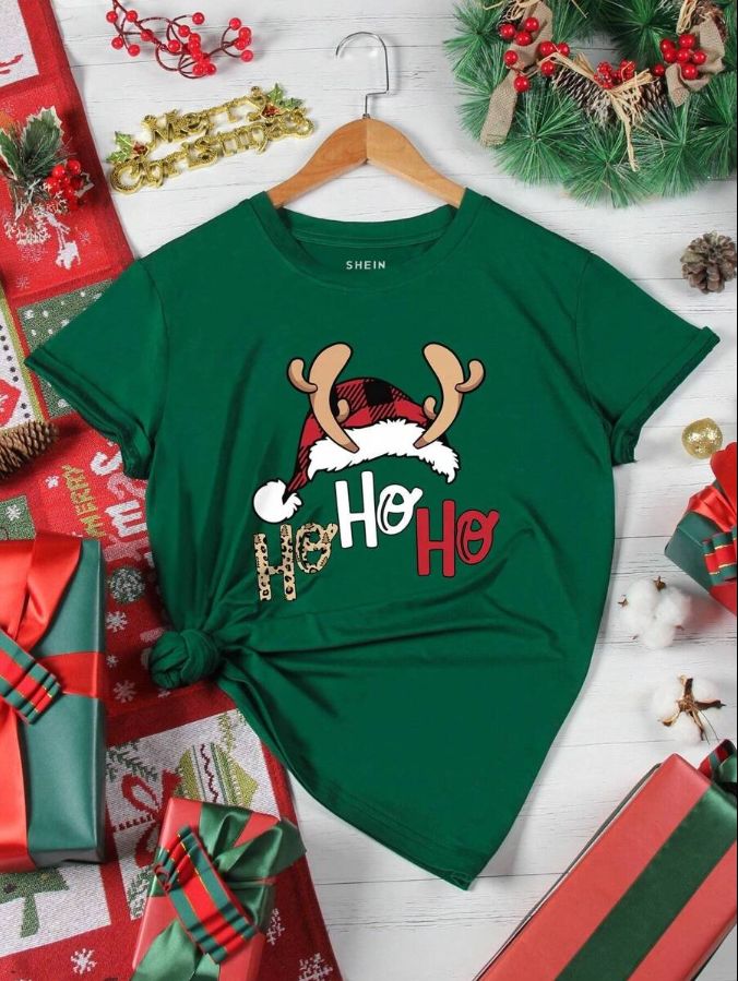 INAWLY Christmas Print Tee Graphic Tees Women Tops Dark Green / M