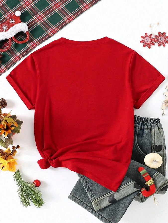 Christmas Outfit For Women: Versatile, Fashion-Forward, Cute Christmas Reindeer & Santa Claus Graphic Print Short Sleeve T-Shirt, Suitable For Christmas Party And Going Out, All Seasons Red / S