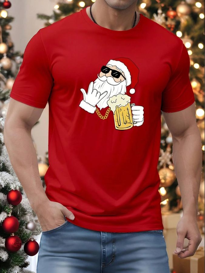 Manfinity Homme Manfinity Christmas Santa Claus Beer Design Round Neck Standard Fit Men Casual Red T-Shirt Red / S