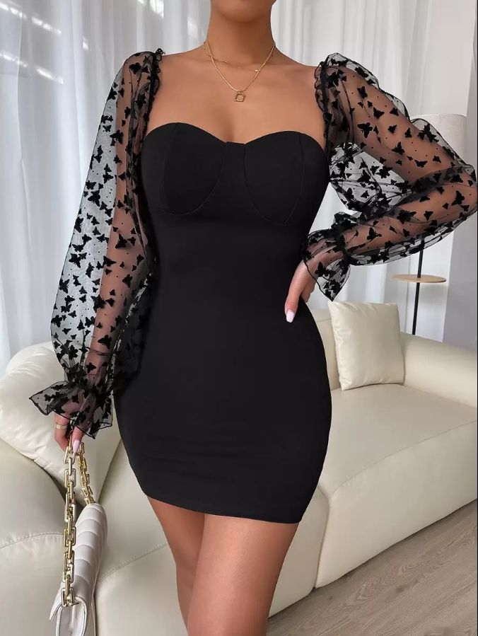 Almamuse Sweetheart Neck Flounce Sleeve Bodycon Dress Black / S