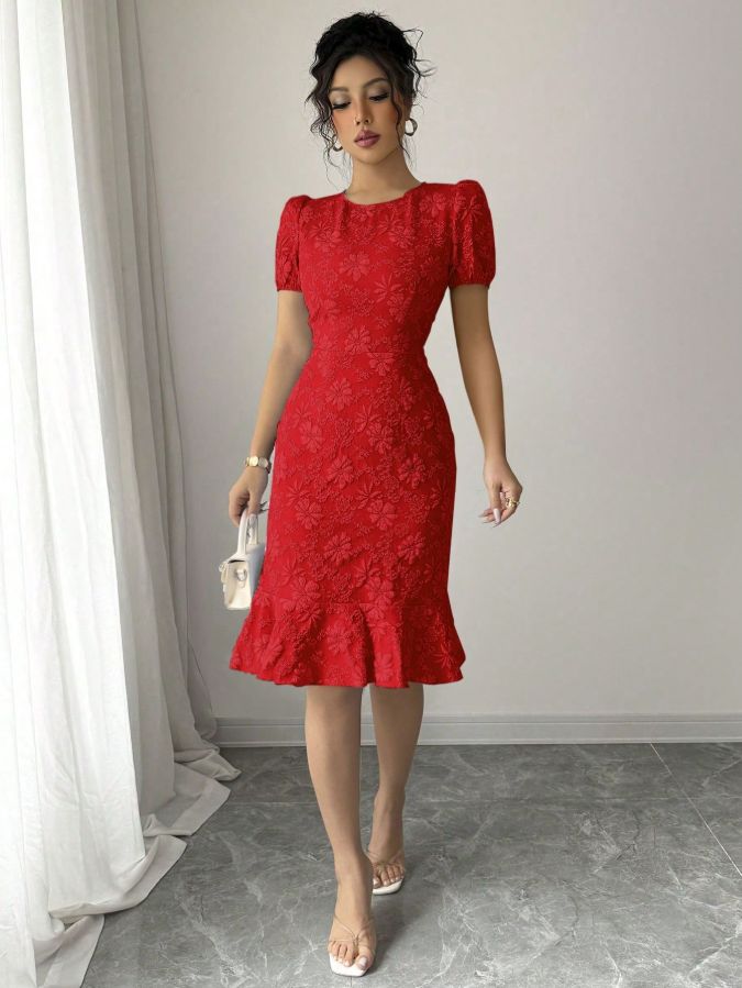 2025 Spring Summer Women's Summer Elegant Jacquard Texture Solid Color Round Neck Ruffled Skirt Puffy Sleeve Mid-Length Dress Red / L