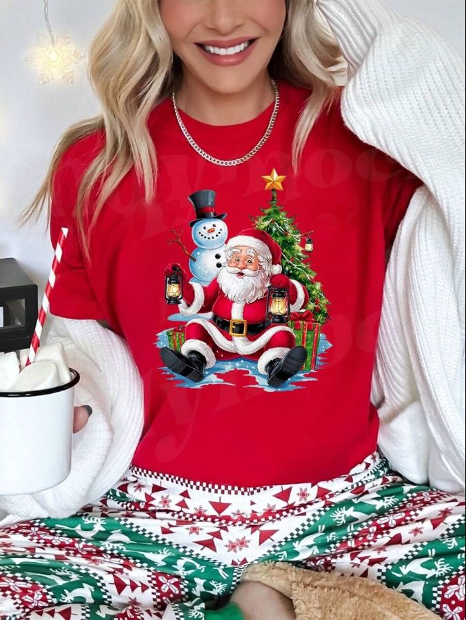 Women's Casual Christmas Tree, Santa Claus, Snowman Print Short Sleeve T-Shirt, Christmas Party Clothes Graphic Tees Women Tops Burgundy / M