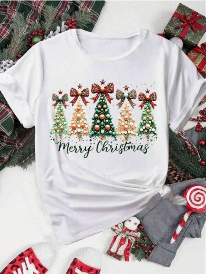 Fashion Slim Round Neck Daily Casual Sportswear, Shiny Christmas Tree Bow Star Letter Print Women's Short-Sleeved T-Shirt, Spring And Summer White / M