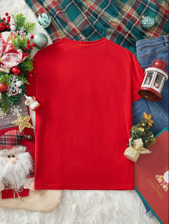 EZwear Casual Funny Kitty Cat Christmas Hat Print Loose Crew Neck Short Sleeve Women Thin T-Shirt Pullover, Suitable For Summer, Halloween Red / S