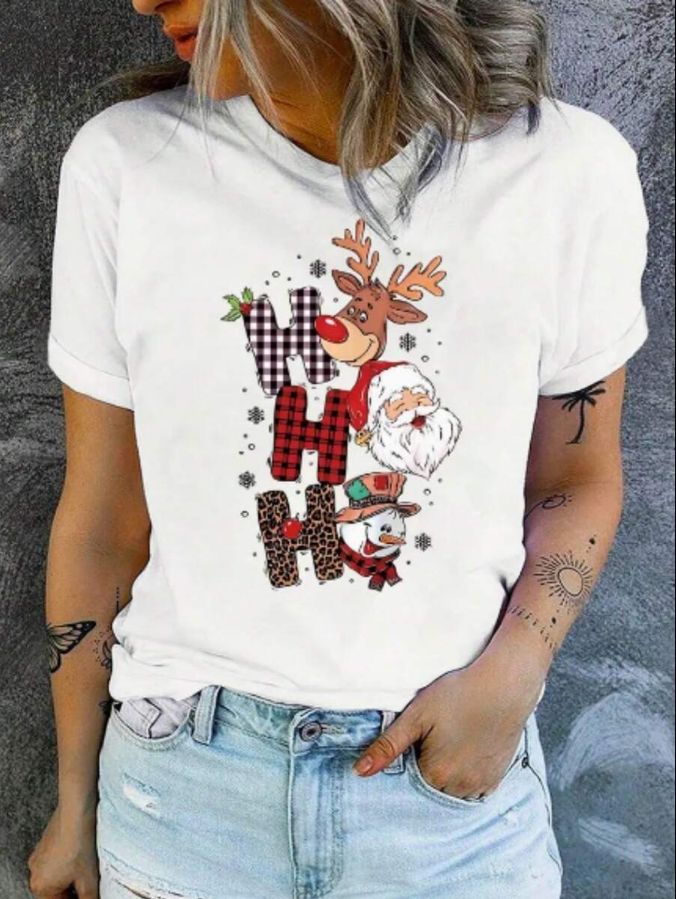 Festive Reindeer, Santa & Snowman Graphic Print Women'S T-Shirt - Casual Crew Neck Short Sleeve Top Blend Shirt For SpringSummer White / M