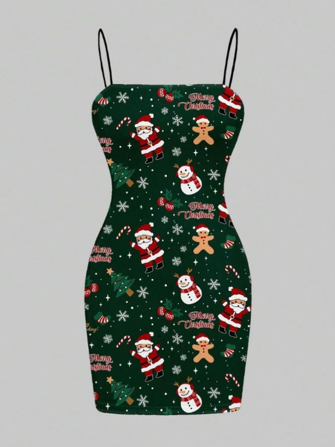 EZwear Holiday Casual Minimalist Christmas Santa Claus Print Summer Cami Dress White / S