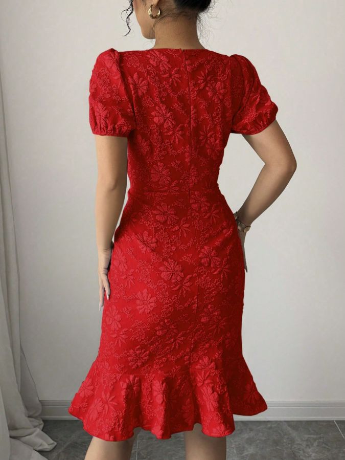 2025 Spring Summer Women's Summer Elegant Jacquard Texture Solid Color Round Neck Ruffled Skirt Puffy Sleeve Mid-Length Dress Red / L