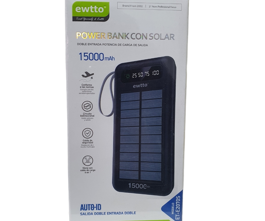 CARGADOR PORTATIL EWTTO 15000 mAh CON PANEL SOLAR