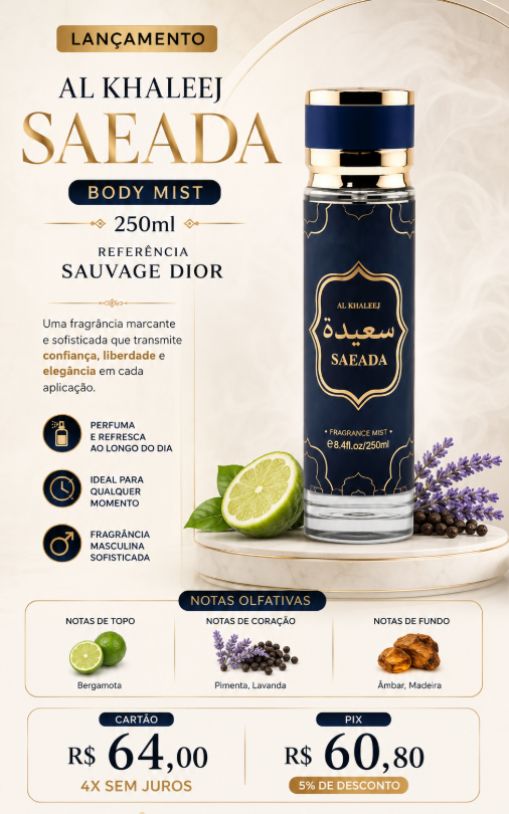 Al Khaleej Saeada Body Mist 250ml SAUVAGE DIOR PIX R$60,80