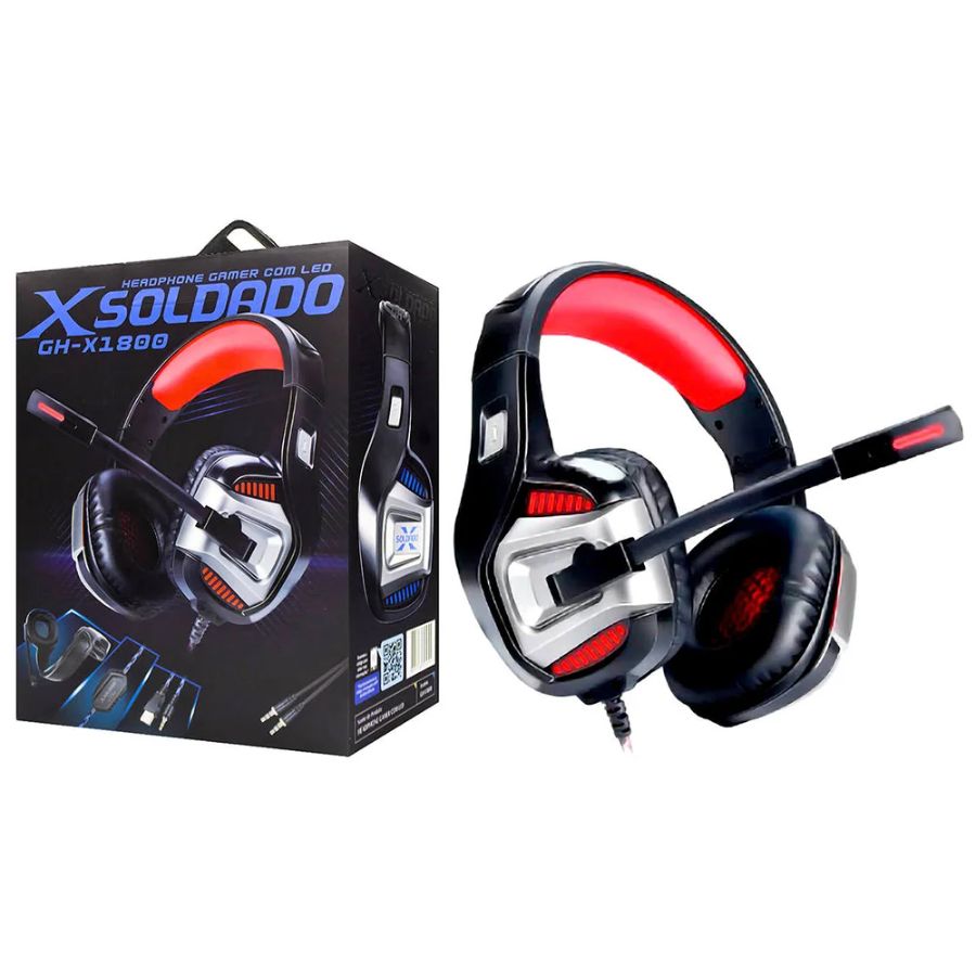 Headset Gamer Infokit Xsoldado, RGB, LED, 7.1, 50mm, USB, P3, Compatibilidade PS4, Xbox, PC, Celular, Preto e Vermelho - Gh-x1800