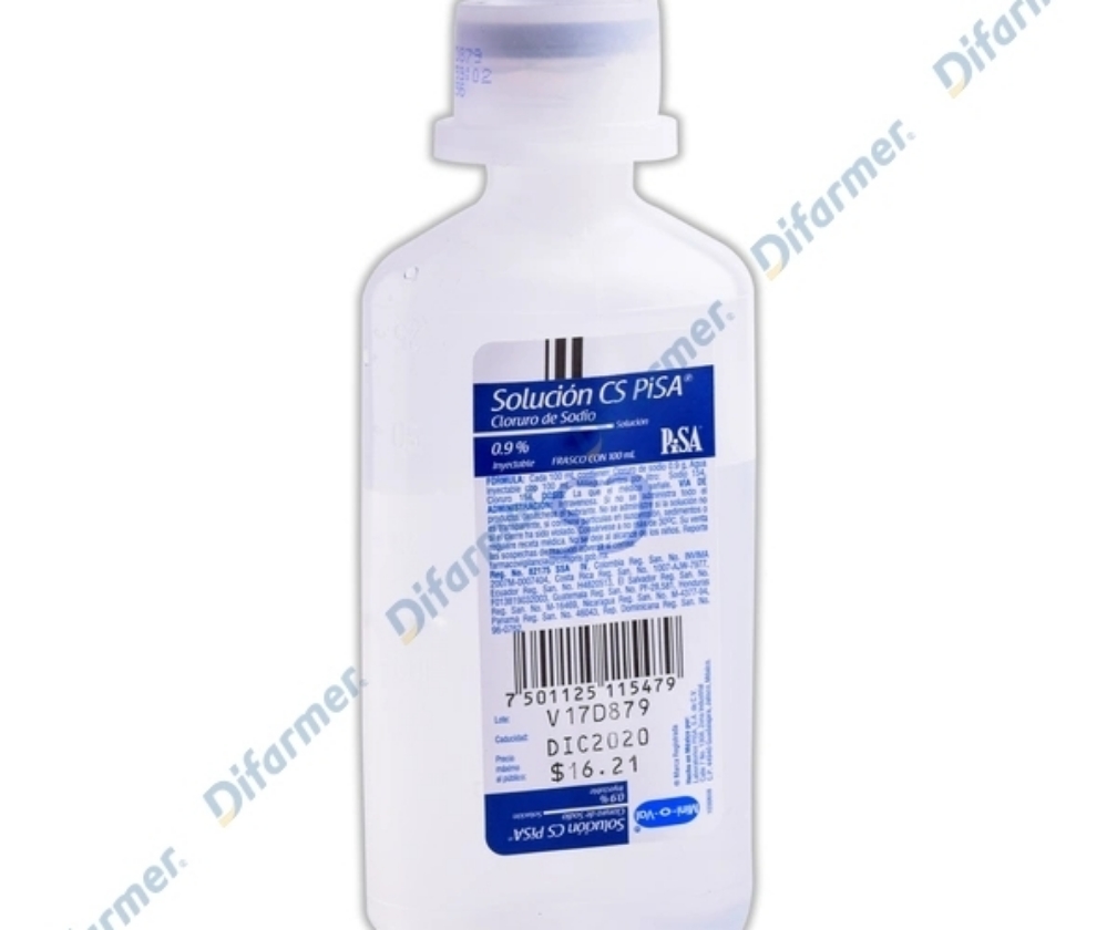100 ML. SOLUCIÓN CS (Pisa) Sol. Iny. al 0,9% Plasco
Cloruro de Sodio (Sol. Inyectable) Macrosolución.
Laboratorio: PISA